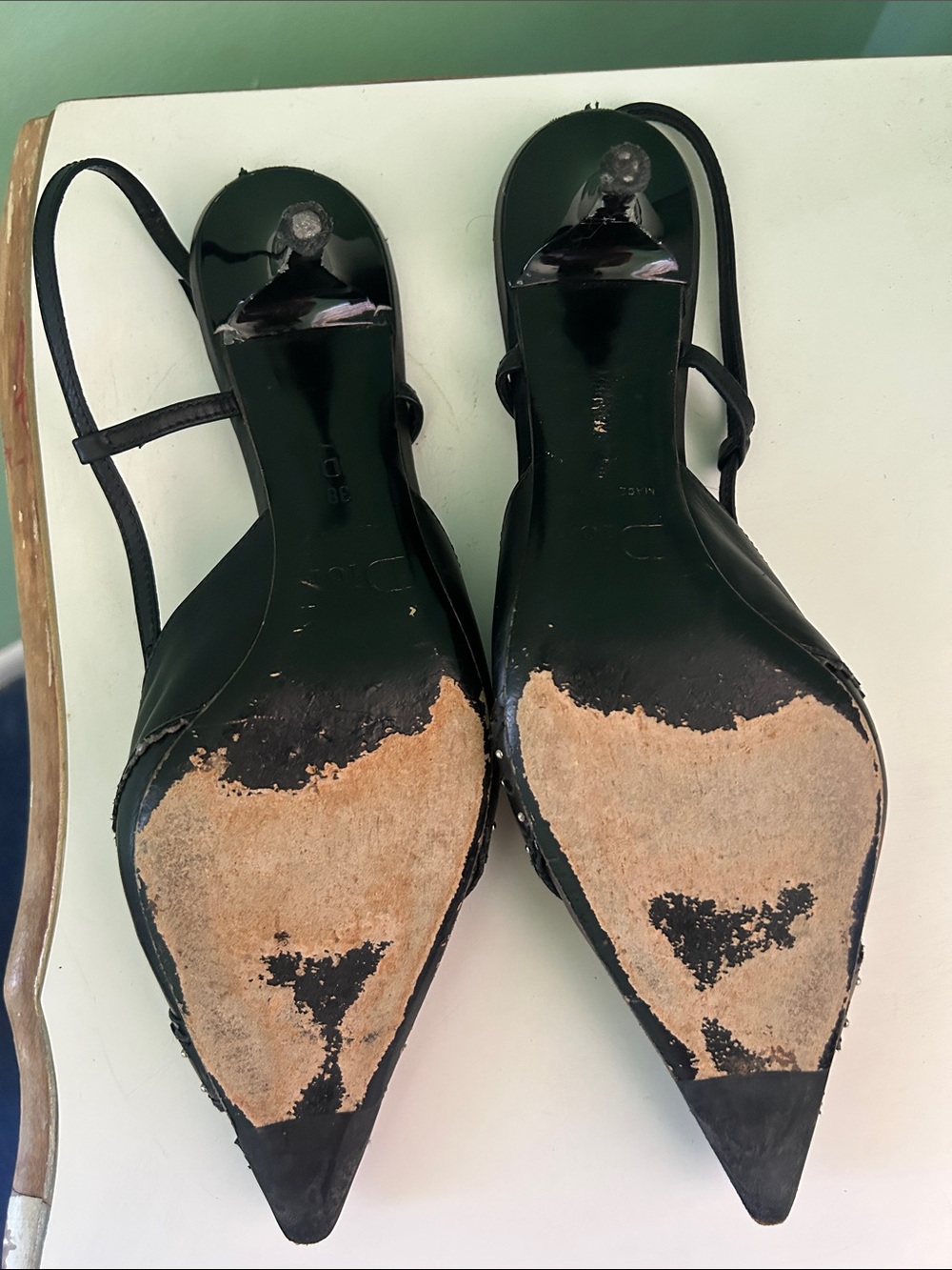 Dior Black Pointed Leather Slingback Heels with Silver D Buckles - Picture 3 of 5
